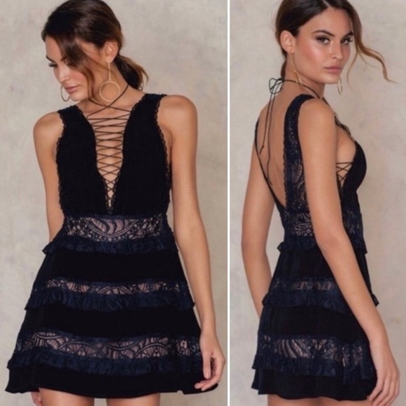 For Love & Lemons NWT Lola Rose Sleeveless Mini Dress black navy lace-up boho - Picture 1 of 16